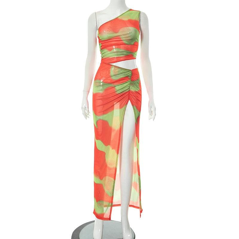Irregular ruched slit sheer mesh see through tie dye one shoulder maxi dress 8