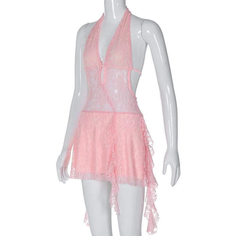 Lace Halter Deep V-Neck Ruffle Mini Dress