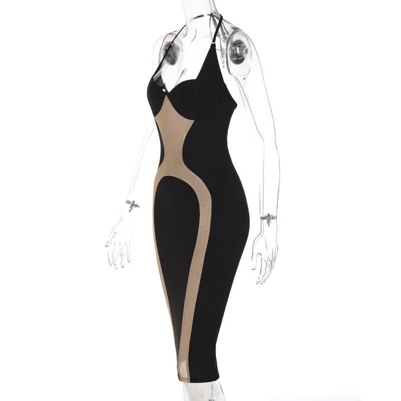 Mesh Halter Neck Spaghetti Strap Cut Out Bodycon Maxi Dress