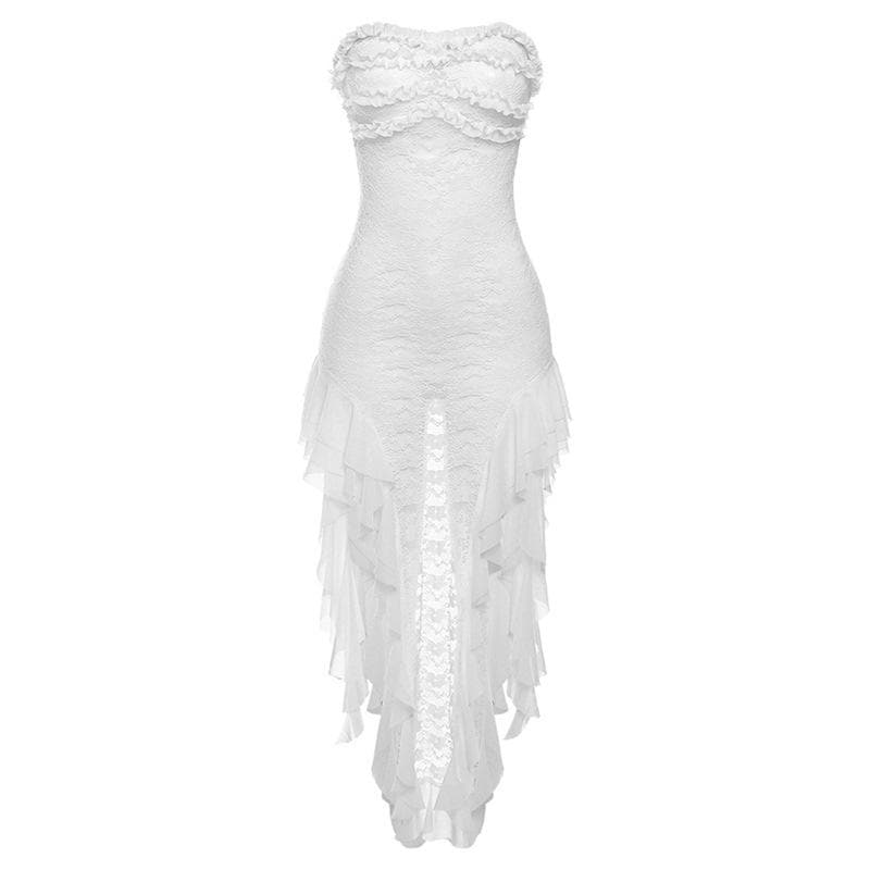 Lace see through ruffle backless slit tube midi dress 2