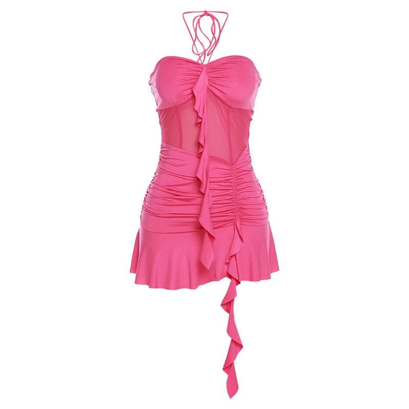 Mesh Halter Neck Ruffle Ruched Mini Dress