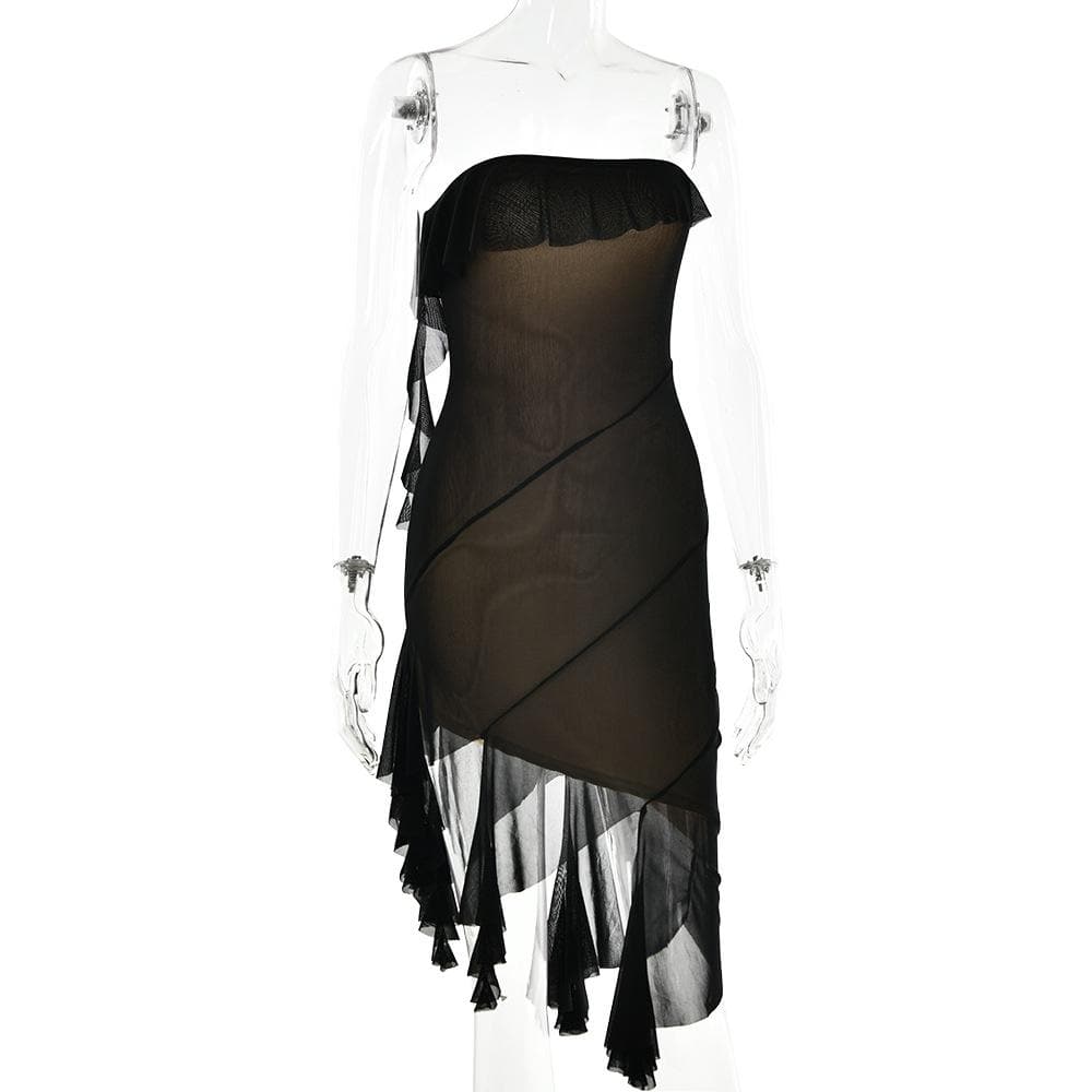 Mesh ruffle solid irregular backless tube mini dress 3