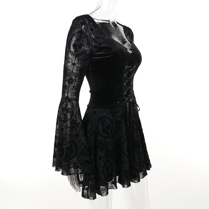 Flared sleeve velvet lace up solid patchwork mini dress - View 6