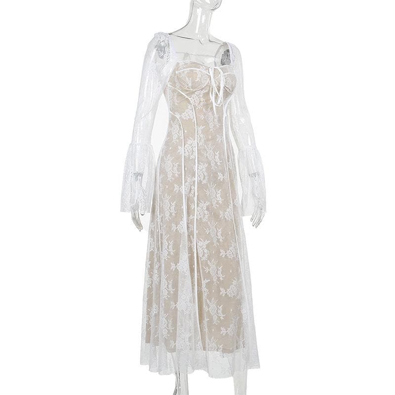 Long flared sleeve contrast zip-up lace self tie maxi dress - View 4