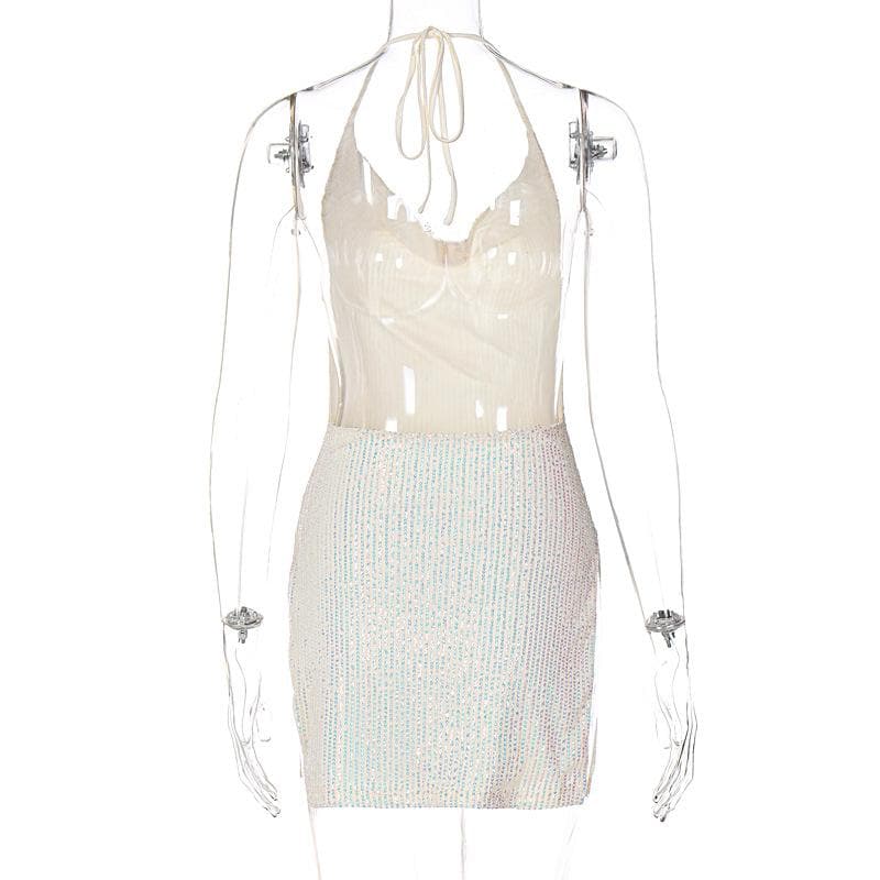 Glitter Cowl Neck Halter Backless High Split Bodycon Mini Dress
