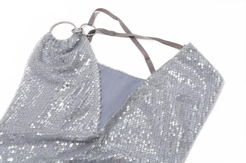 One shoulder irregular glitter low cut o ring ruched mini dress - View 5