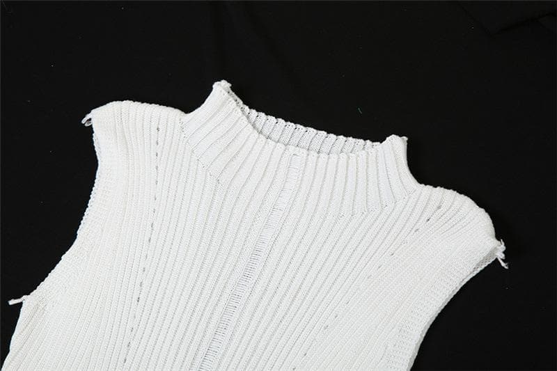 Ribbed Knit Mock Neck Sleeveless Distressed Shredded Maxi Dress