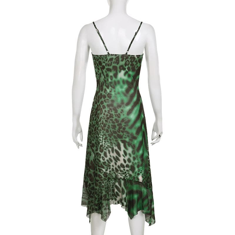 Leopard Print Cowl Neck Spaghetti Strap Mesh Ruffle Hem Maxi Dress 4