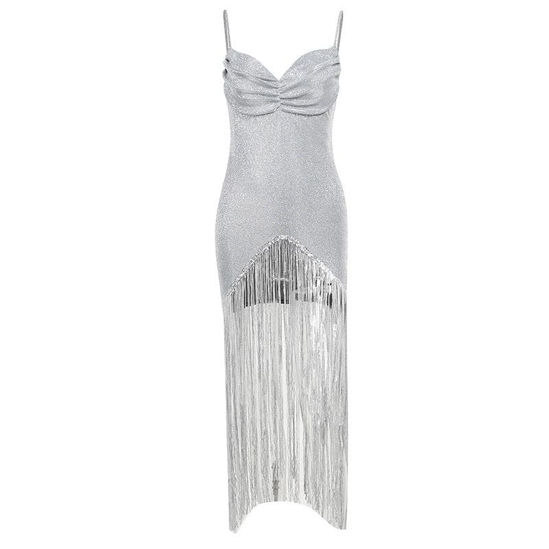 Glitter Ruched Bust Spaghetti Strap Long Fringe Hem Mini Dress