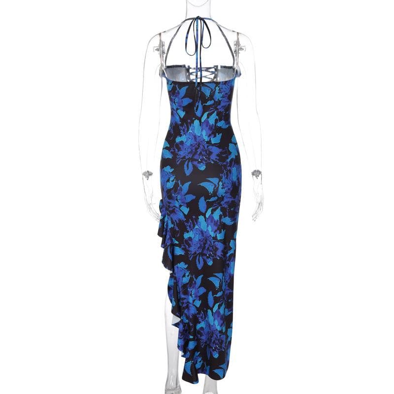 Floral Halter Neck Lace Up Ruffle High Low Maxi Dress
