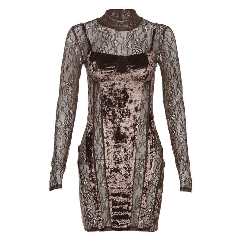 Velvet patchwork high neck long sleeve lace mini dress - View 2