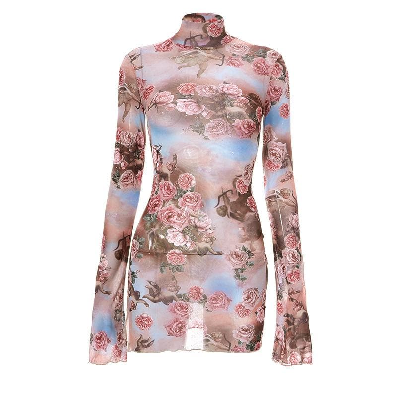 Floral Mesh High Neck Long Sleeve Sheer Bodycon Mini Dress