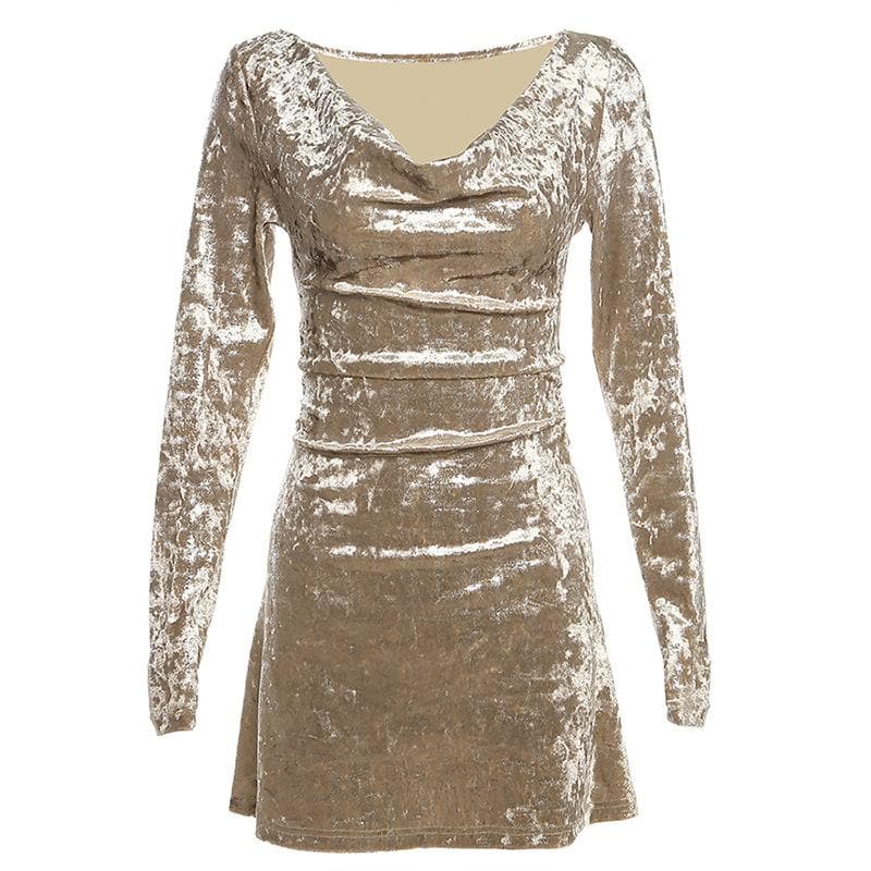Solid velvet cowl neck hollow out long sleeve mini dress - View 8
