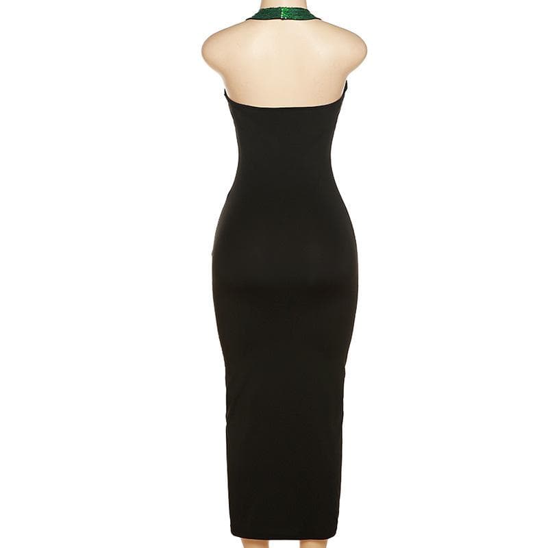 Sequin Halter Neck Cut Out Chain Bodycon Midi Dress