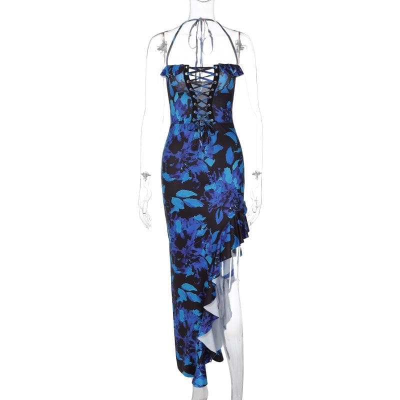 Floral Halter Neck Lace Up Ruffle High Low Maxi Dress