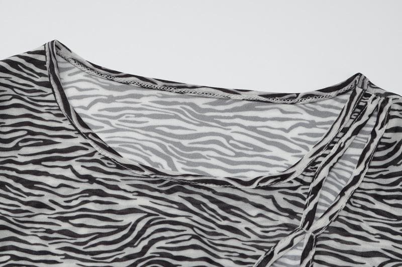 Zebra print hollow out irregular long sleeve sheer mesh see through mini dress 5