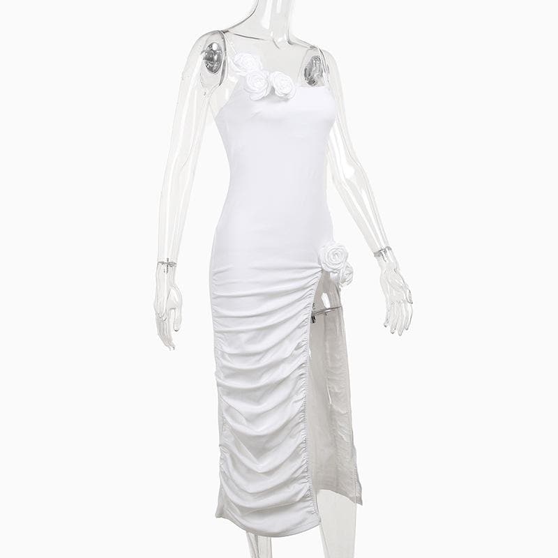 Square Neck Spaghetti Strap Flower Applique Ruched High Split Maxi Dress