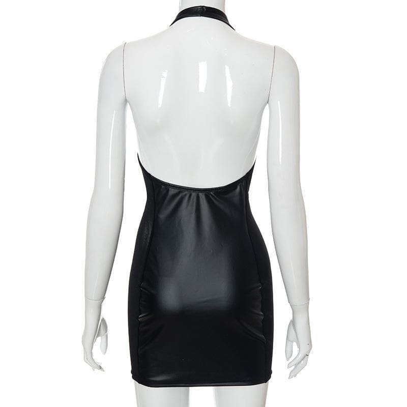 Faux Leather Lace Up Halter Neck Mesh Panel Bodycon Mini Dress 3