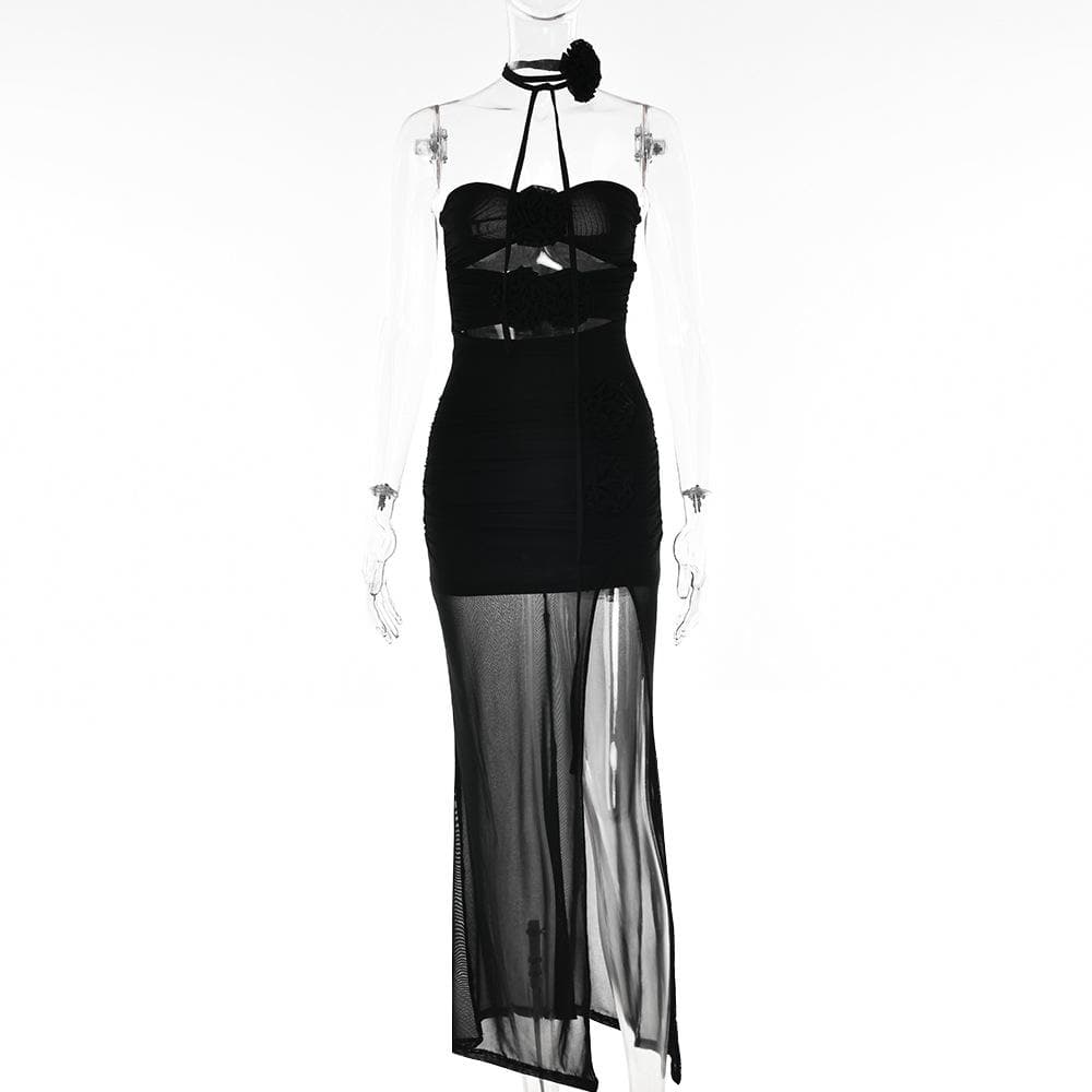 Mesh Strapless Flower Applique Cut Out High Split Maxi Dress