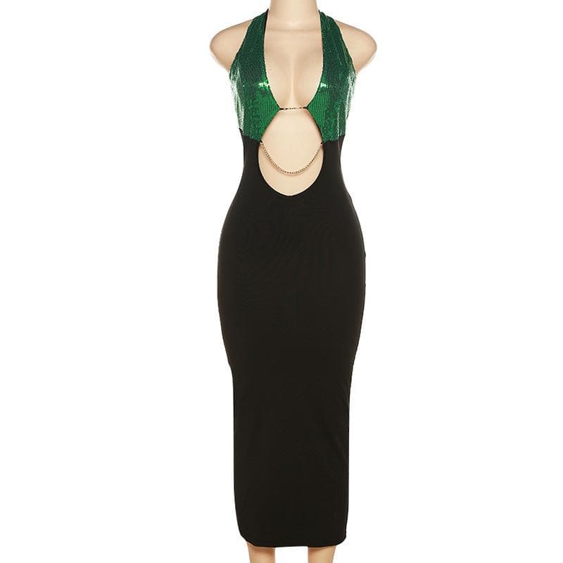 Sequin Halter Neck Cut Out Chain Bodycon Midi Dress