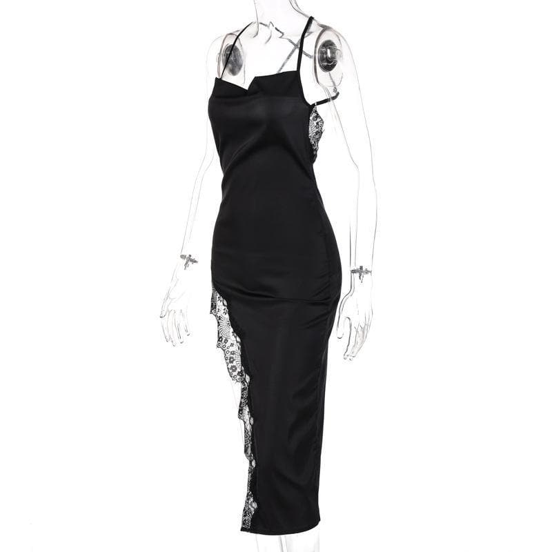 Satin Cowl Neck Spaghetti Strap Lace Trim Cross Back High Split Midi Dress