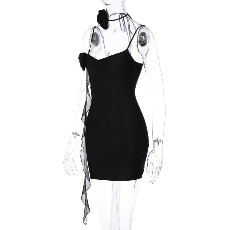 Satin V-Neck Flower Applique Ruched Bodycon Mini Dress