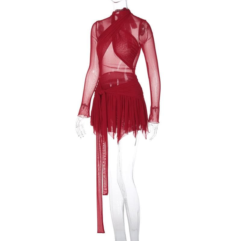 Mesh High Neck Long Sleeve Cross Front Ruffle Mini Dress