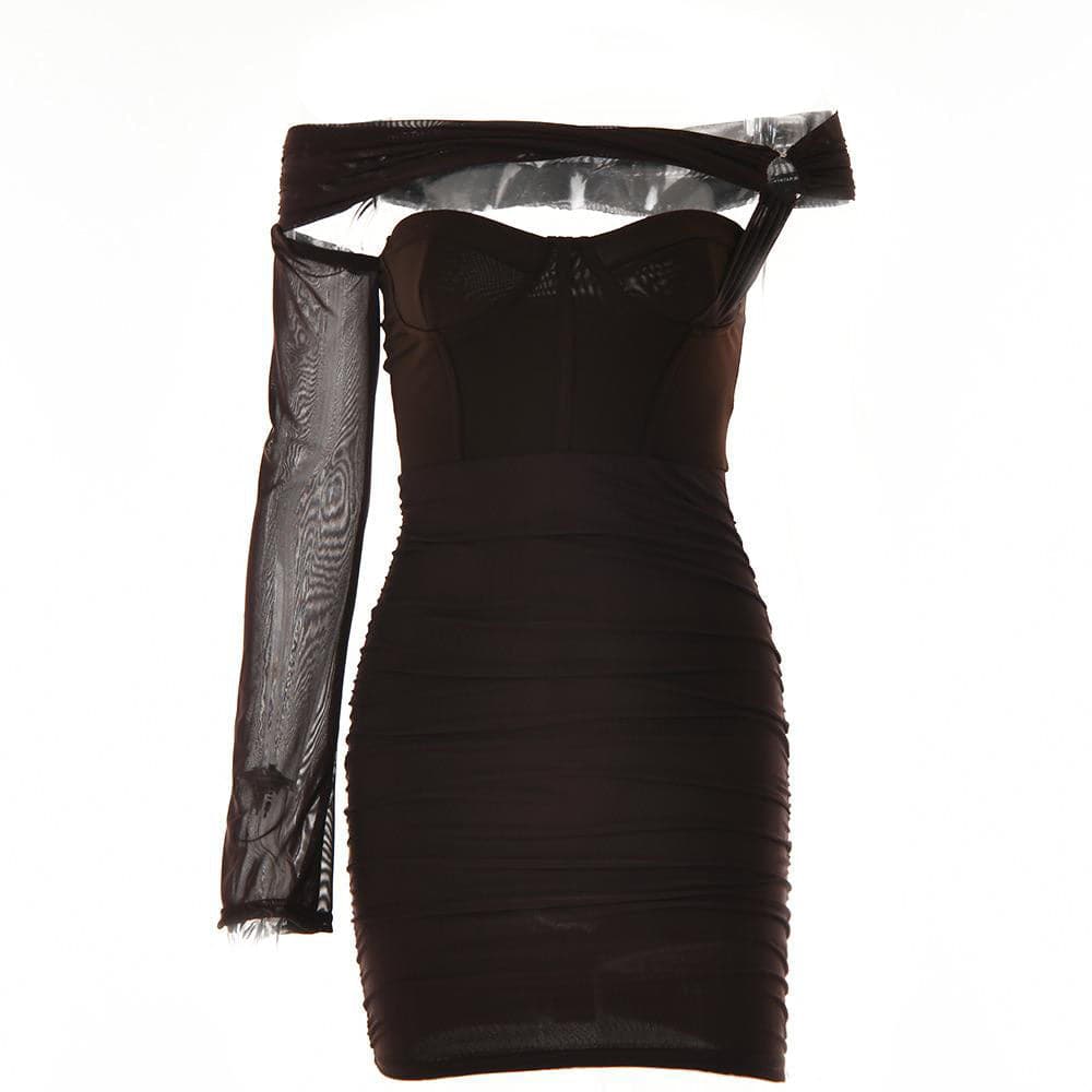 Solid one shoulder o ring hollow out mesh backless mini dress 9