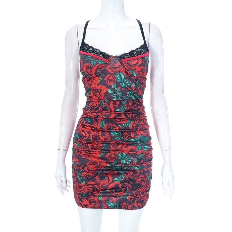 Floral Print Lace Trim Spaghetti Strap Ruched Bodycon Mini Dress