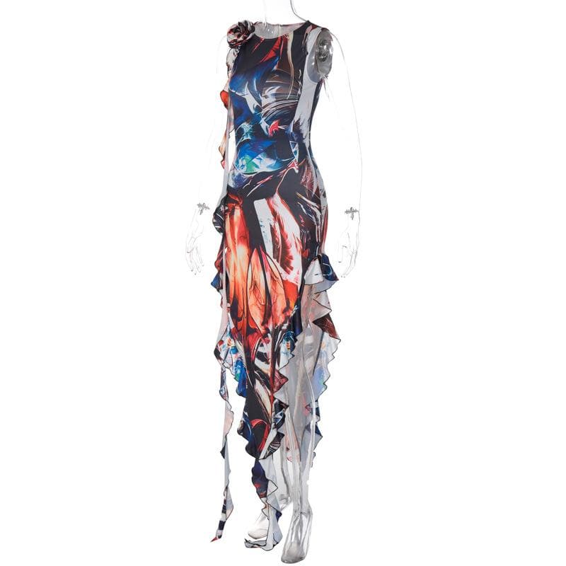 Abstract Print 3D Flower Applique Side Ruffle Sleeveless Maxi Dress