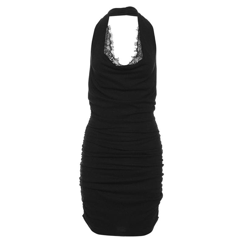 Lace Trim Cowl Neck Ruched Bodycon Mini Dress