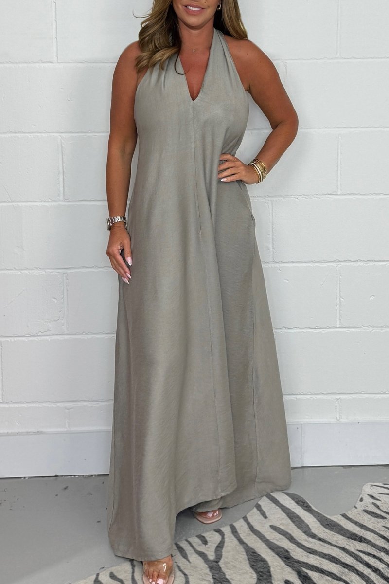 Halter Neck Deep V-Neck Flowy Maxi Dress 4