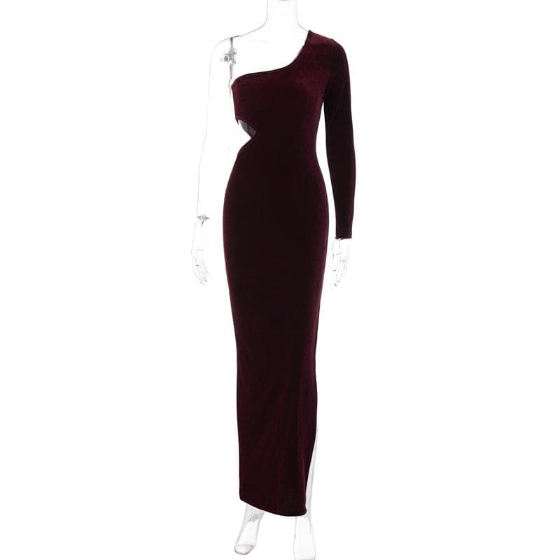 Velvet solid irregular one shoulder slit hollow out midi dress - View 2