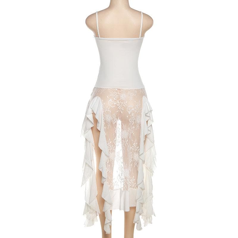 Lace patchwork square neck ruffle solid cami mini dress - View 4