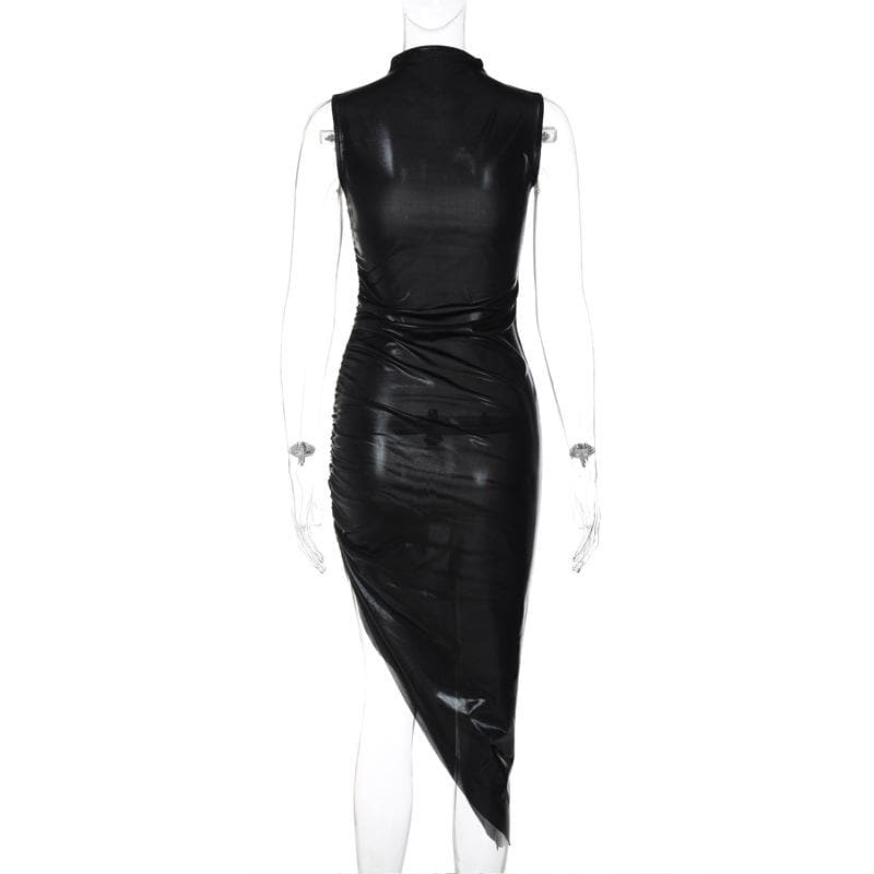Metallic irregular high neck sleeveless ruched midi dress - View 7
