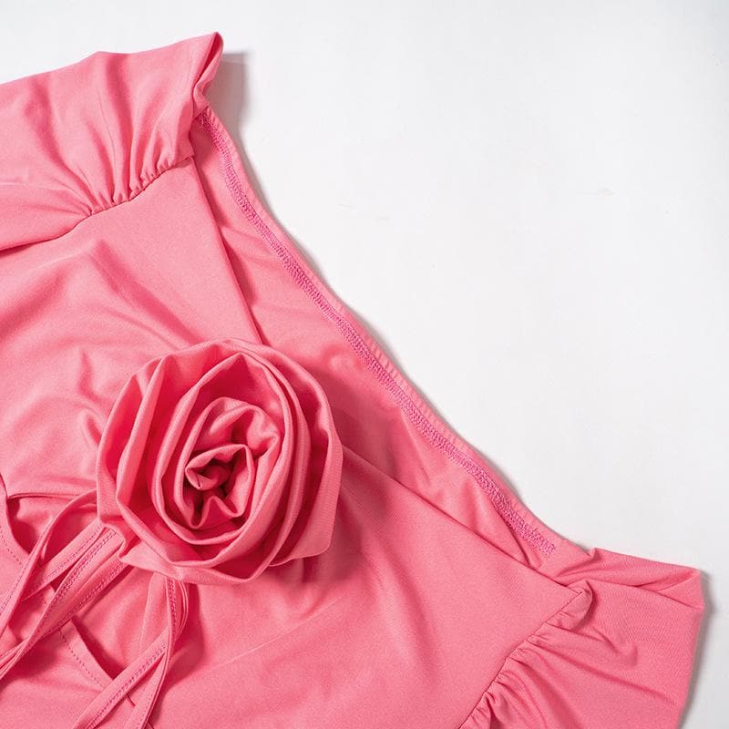 Flower Applique Off Shoulder Long Sleeve Cut Out Bodycon Mini Dress