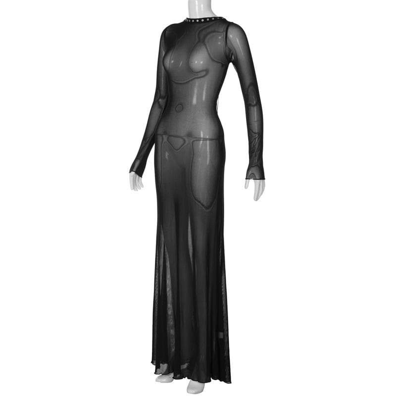 Long sleeve lace up sheer mesh see through maxi dress 3