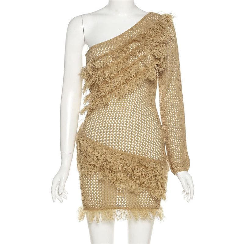One Shoulder Long Sleeve Crochet Knit Fringe Trim Mini Dress 3