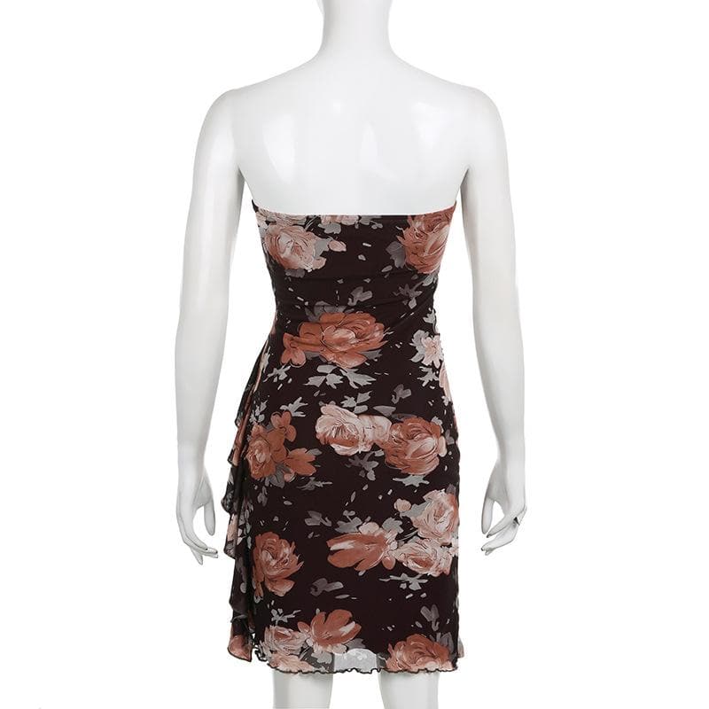 Floral Print Mesh Strapless Ruched Ruffle Bodycon Mini Dress