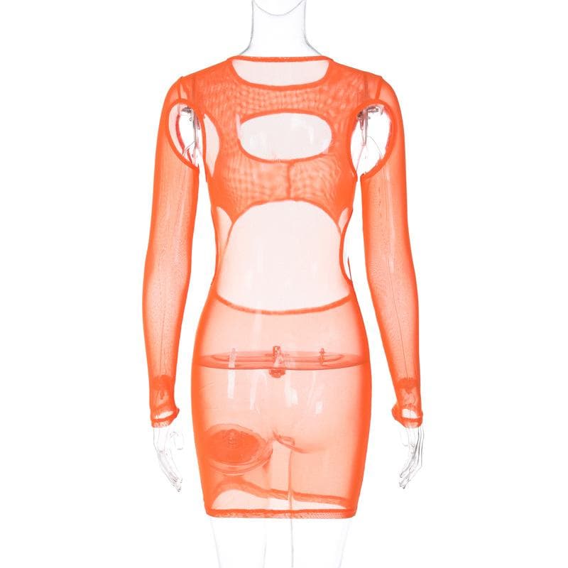 Long sleeve hollow out sheer mesh see through mini dress 4