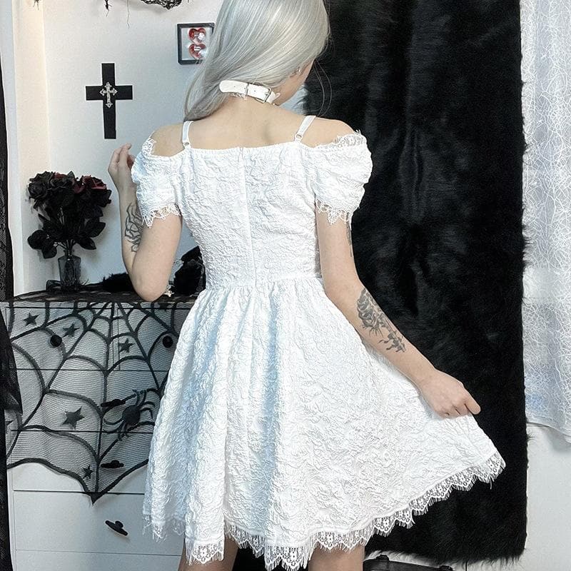 Floral Lace Off Shoulder Short Sleeve Bow Front Fit and Flare Mini Dress 4