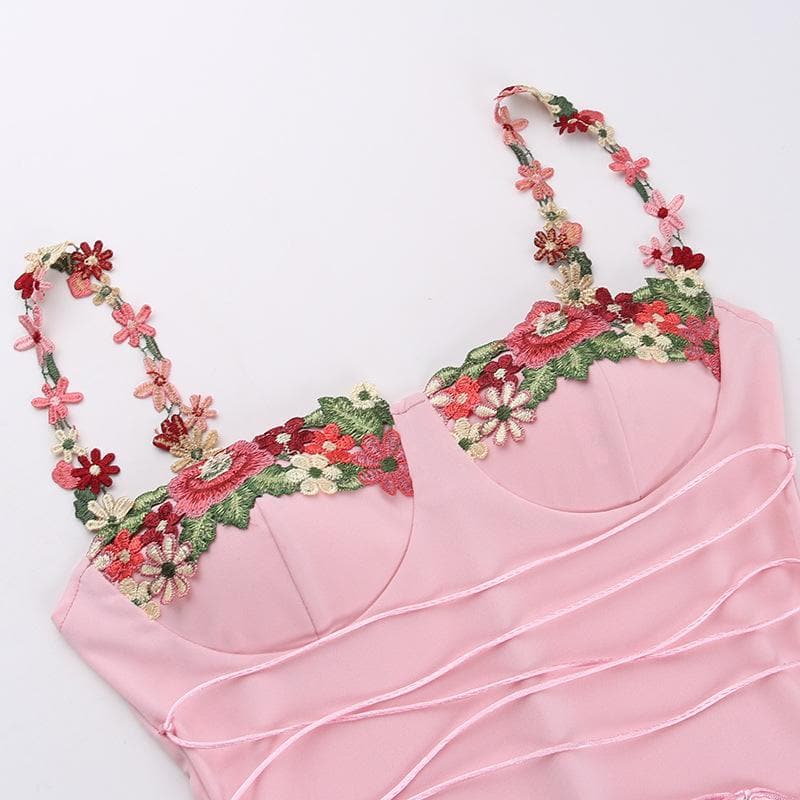 Floral Embroidery Sweetheart Lace Up Mermaid Maxi Dress