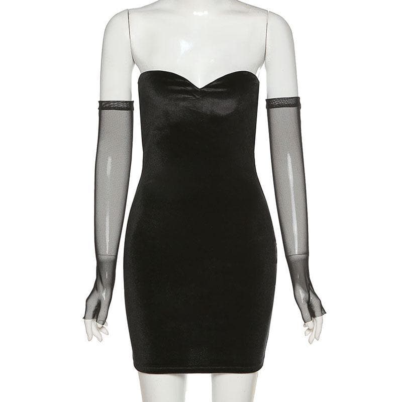 Velvet Strapless Sweetheart Bodycon Mini Dress and Mesh Gloves Set