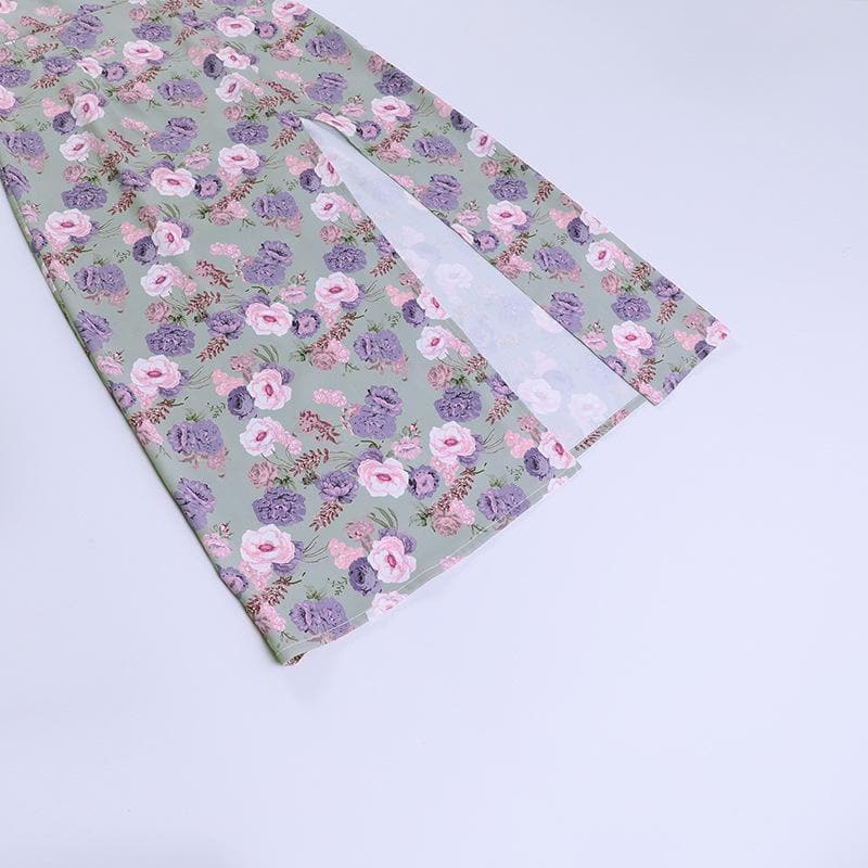 Sleeveless slit lace hem backless flower pattern print cami dress - View 6