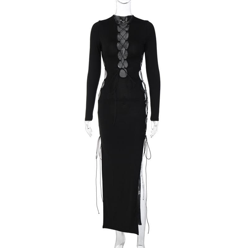 Long sleeve solid hollow out slit self tie lace up midi dress 3