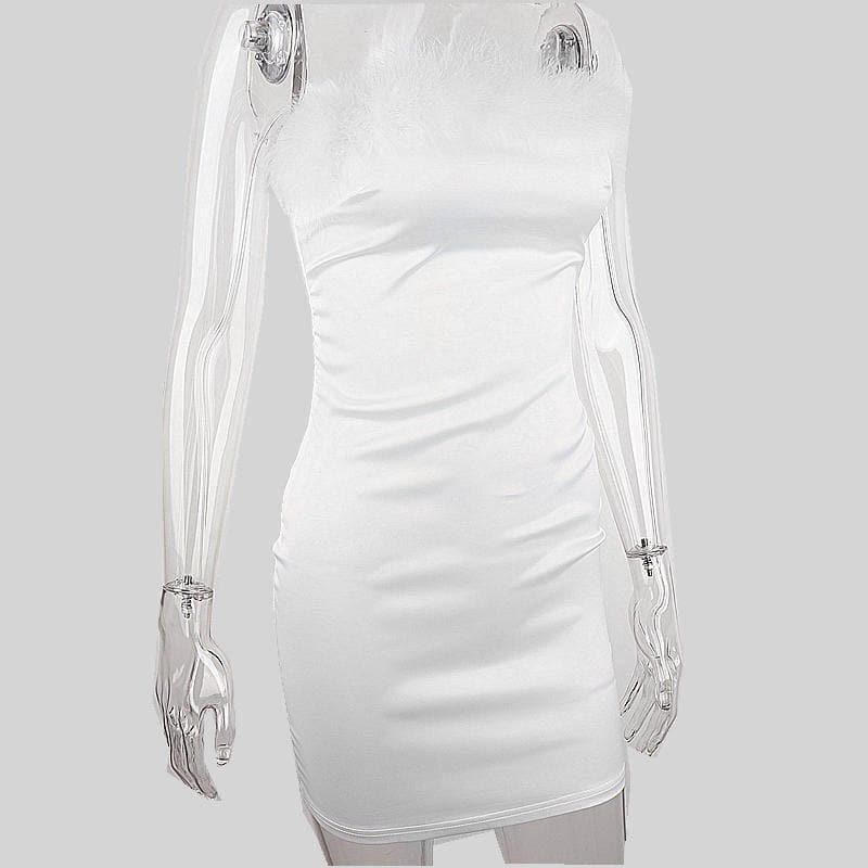 Feather off shoulder solid backless tube dress 5