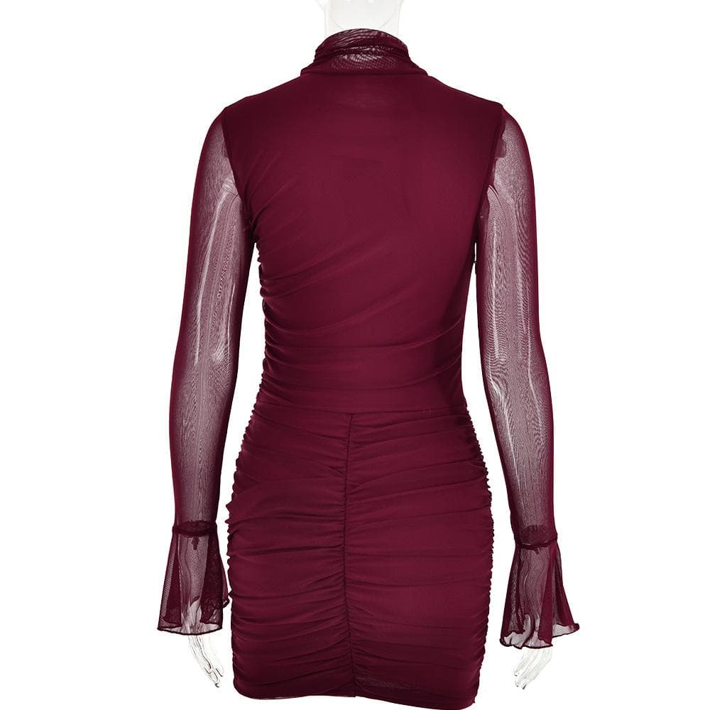 Mesh solid long sleeve turtle neck ruched zip-up mini dress 10