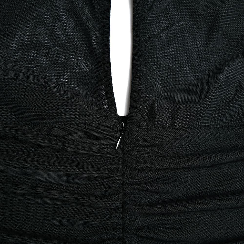 Hollow out ruched mesh long sleeve zip-up button mini dress 7