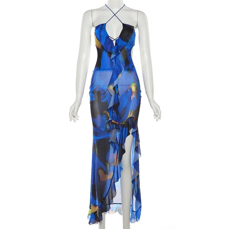 Cross front backless sheer mesh see through slit contrast print maxi dress 3