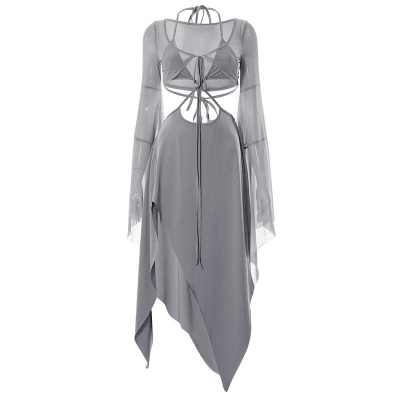 Mesh Halter Neck Flared Sleeve Cut Out High Split Midi Dress
